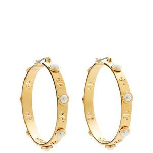 Gold T T-pierced Logo Pearl Hoop Earrings